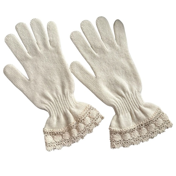 PARKHURST Angora-Lambswool Knit Gloves w/ Crochet Lace Cuff Ivory Made in Canada - Picture 2 of 8